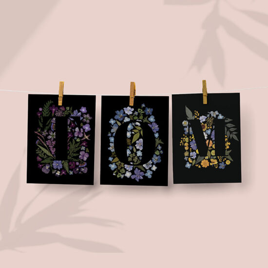 intial cards printed pressed flowers on a wall, first name tom