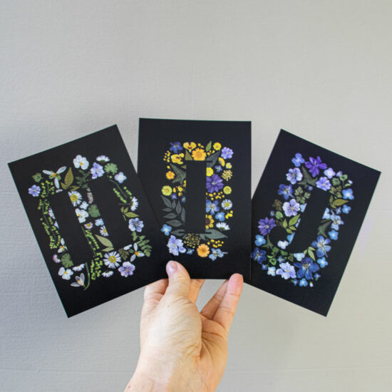 cards with initials H I J, pressed flowers collection