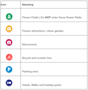 Meaning of the icons on the map of the tulip festival amsterdam