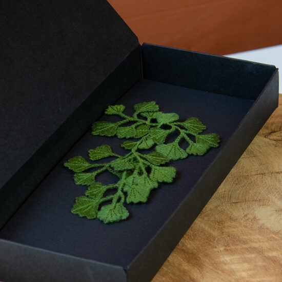 Maidenhair fern embroidered brooch close up in box