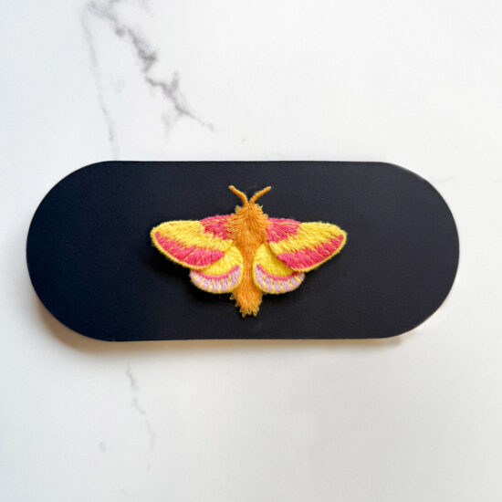 Rosy Maple moth embroidered brooch